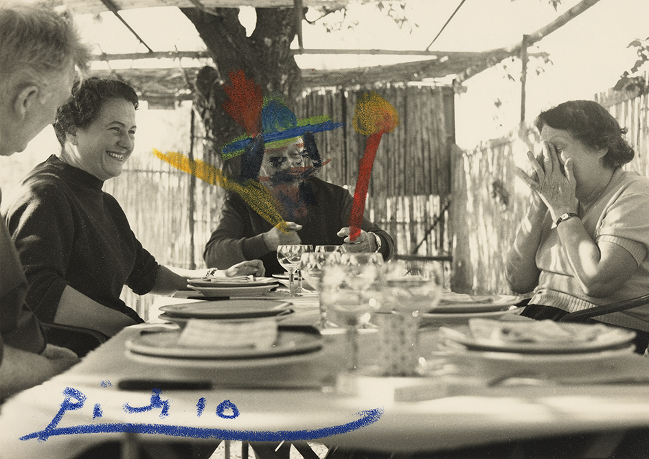 'Edouard Pignon, Anna M. Torra, Pablo Picasso i sra Lacourière al restaurant La Colombe'. Sant Paul de Vance, 11/10/1958.              | Fons Gustau Gili i Anna M. Torra